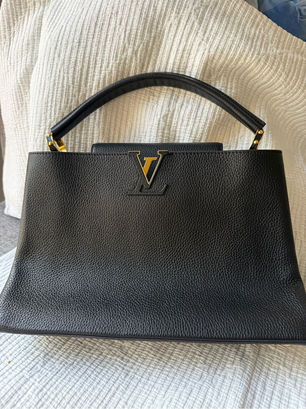 Louis Vuitton Black Pebbled Leather Satchel with Gold LV Accent Capucines MM - Picture 6 of 7